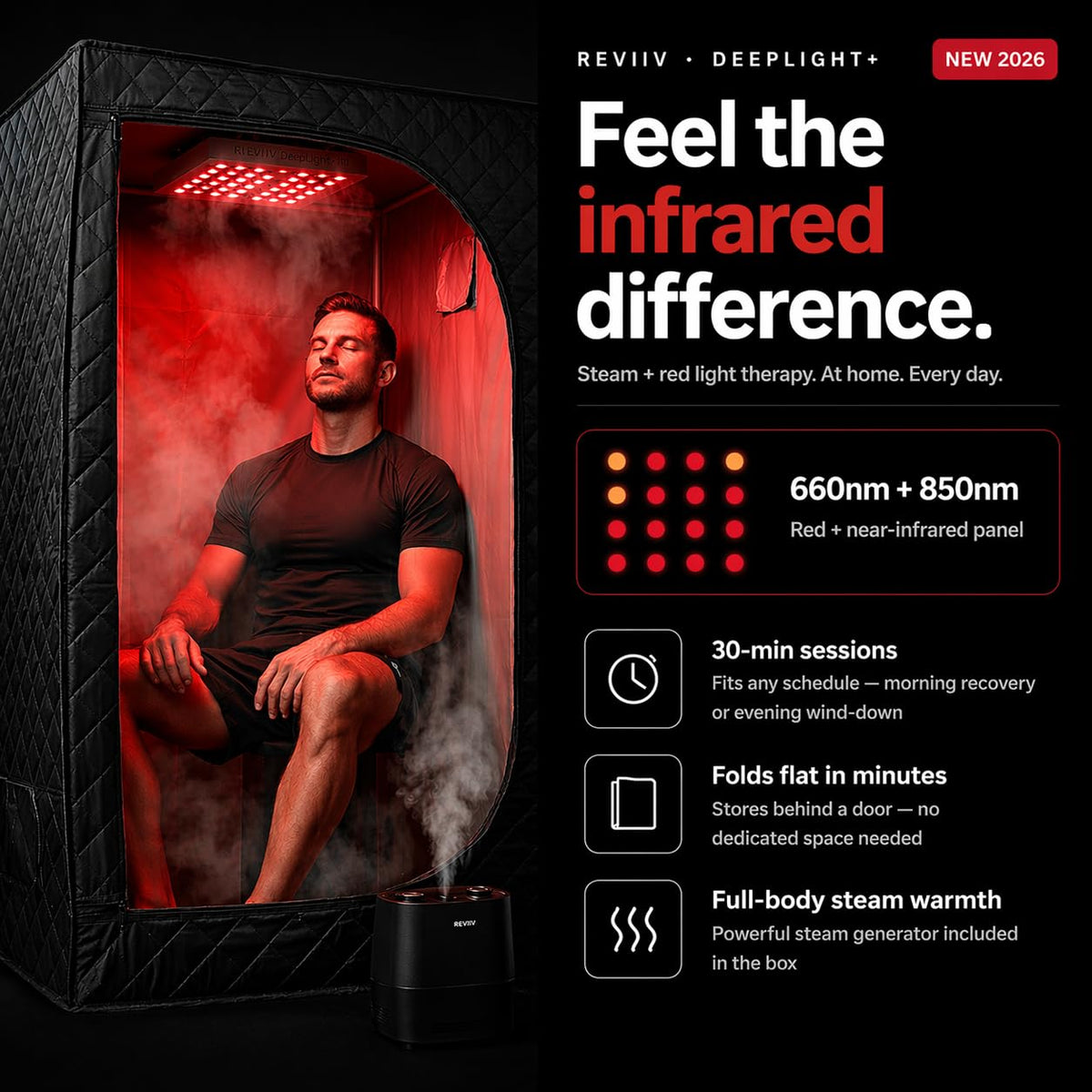 REVIIV Infrared Sauna Box for Home with 660nm & 850nm Red Light Therapy, Foldable Full Body Portable Steam Sauna Tent, 1500W Steamer + Chair, 71" Tall, 9 Heat Levels for Detoxification – DeepLight+