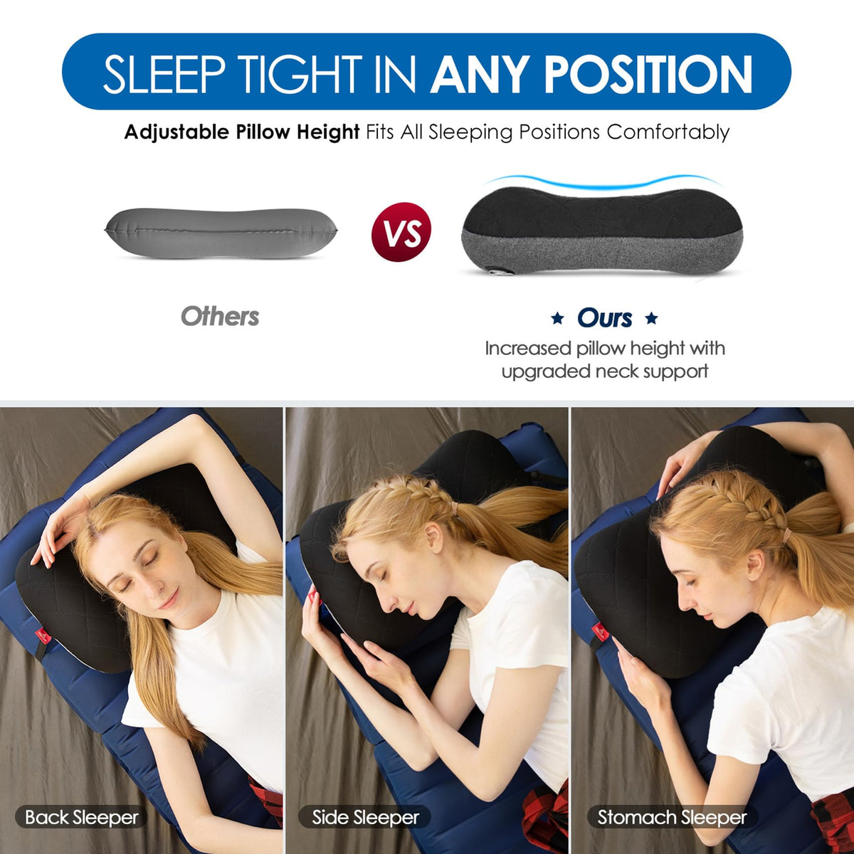 Hikenture Ultralight Inflatable Pillow with Removable Cover and 4" Thick Self Inflating Sleeping Pad Set