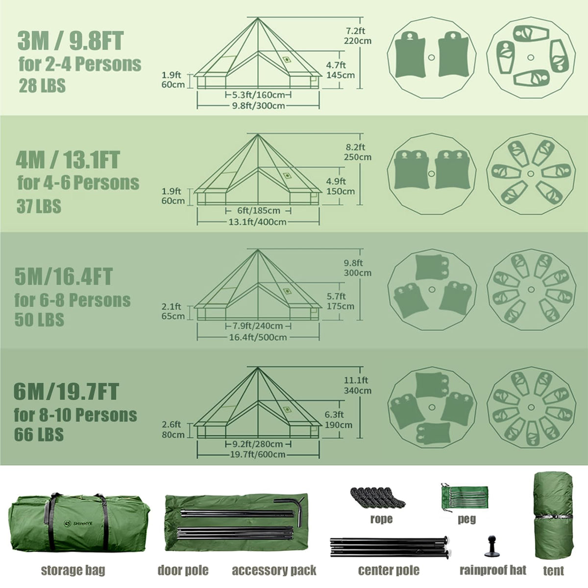 Canvas Bell Yurt Tent with Stove Jack, Waterproof Luxury 4 Season Tents for Family Outdoor Camping 100% Cotton Green Glamping Tents for Hunting, Partie, All Year Living (3M- 97 sq. ft yurt)