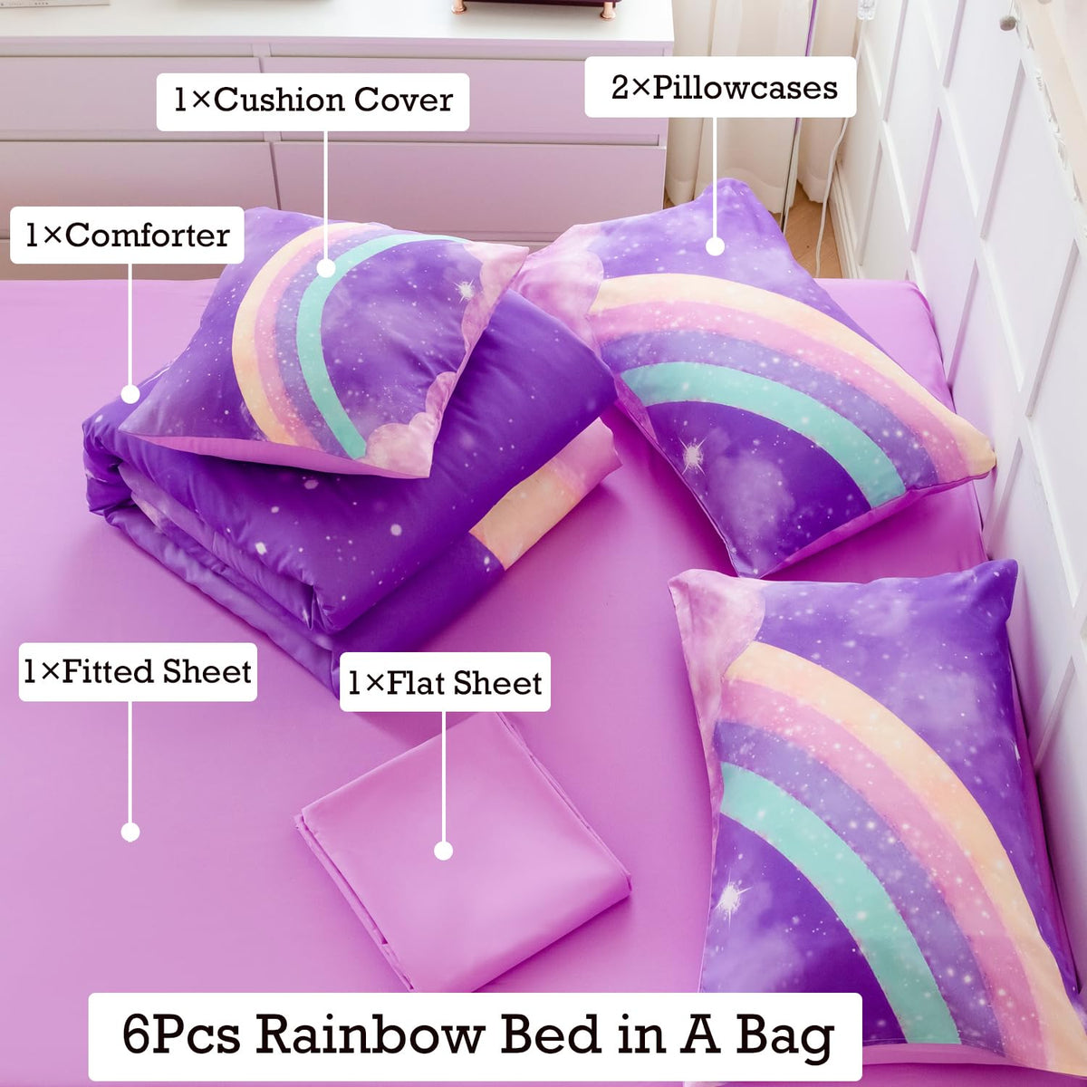ANGIYUIN Deep Purple Girls Full Size Comforter Set Gradient Glitter Kids Bedding Sets 6 Pieces Soft Lightweight Galaxy Bed in A Bag with Sheets for Teens