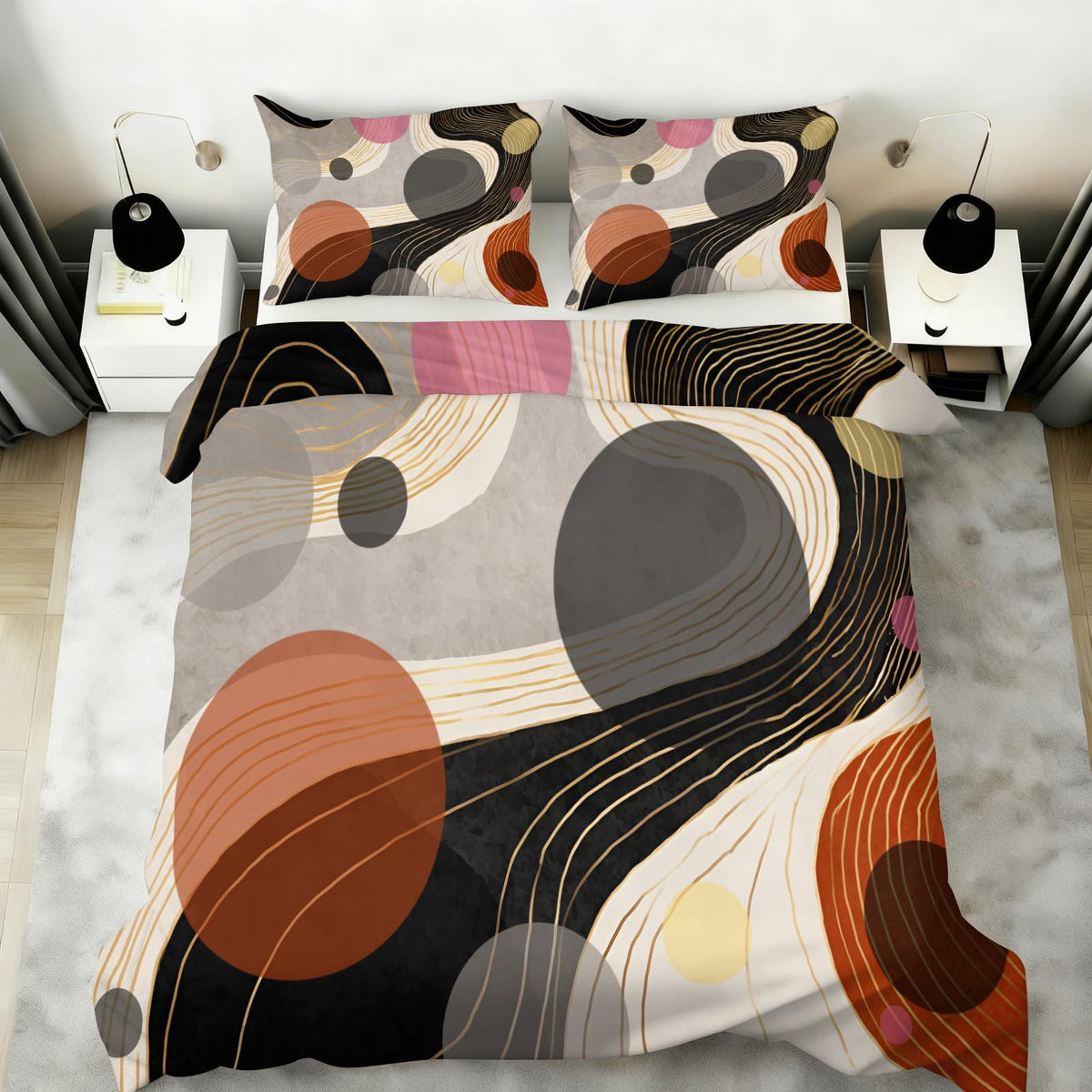 ZAOMIR Geometric Abstract Duvet Cover Twin Size for Teen Women Adult, Modern Geometric Line Bedding Set 3 Piece, Minimalist Mid Century Circle Patterned Comforter Cover with Zipper, 2 Pillowcases
