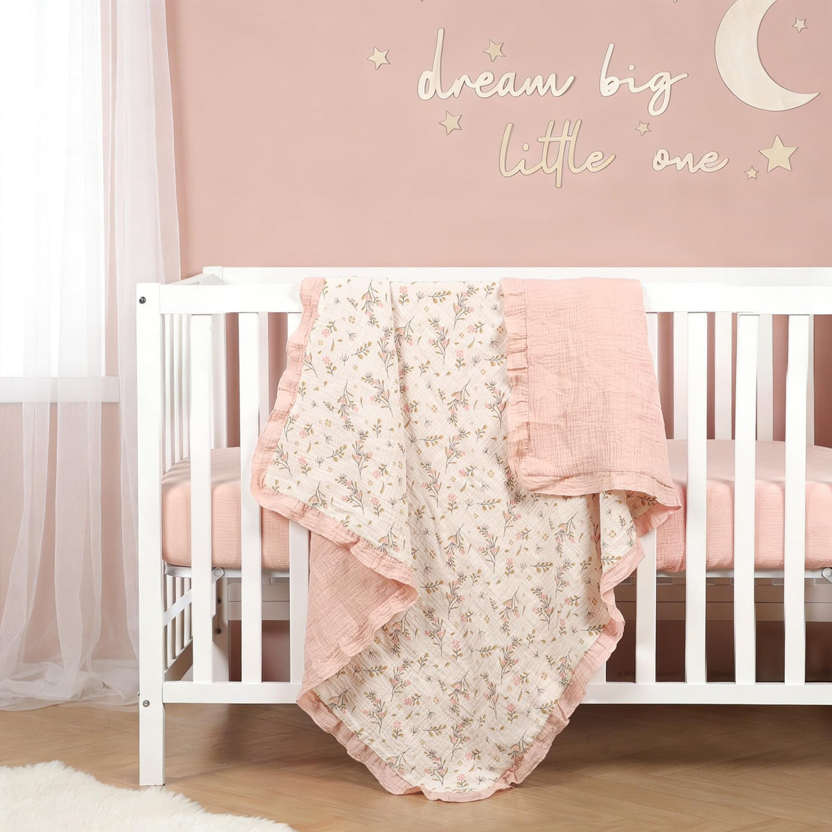 Organic Baby Blanket Flounce Edge Large 50"x43" Floral, 100% Muslin Cotton Super Soft Breathable Toddler Quilt Crib Blankets Gender Neutral for Baby Boys and Girls Bassinet, Bed, Stroller & Snuggling