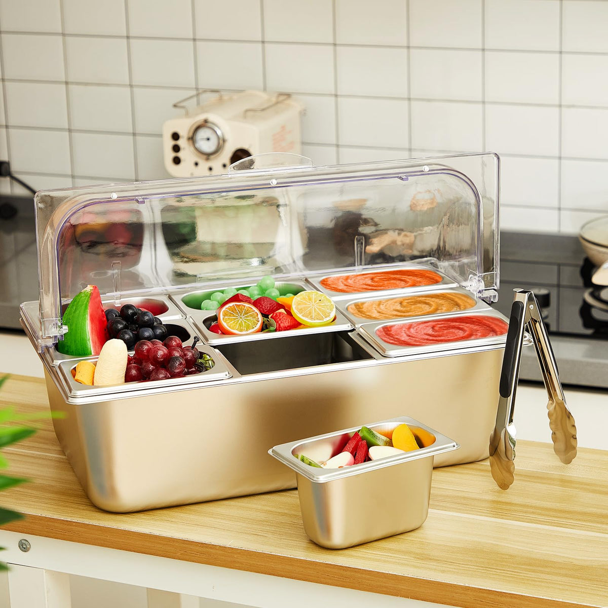 Condiment Tray Stainless Steel Serving Display Set with Lid for Buffet Restaurant Kitchen, Food Chilled Container for Salad Fruit Condiments, Keeps Food Fresh with Ice Box(9 Compartments)