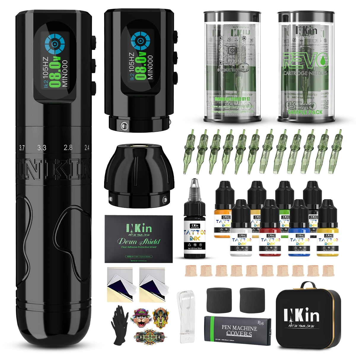 INKin Tattoo Gun Kit, Inkflexo Wireless Tattoo Machine with 2.0mm - 4.2mm Adjustable Stroke Length, Tattoo Machine Kit with 2Pcs Batteries 1600mah Power Supply and Revo Cartridge Needles Assorted