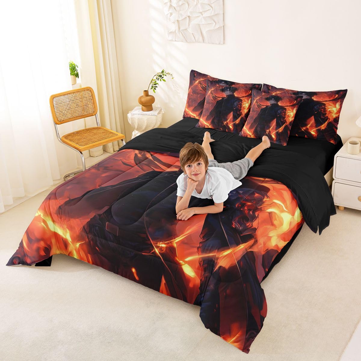 Erosebridal Anime Boy Twin Comforter Set 7 Piece,Japanese Anime Bedding Set with Sheets for Boys Teen Kids,Gaming Gamer Bed Set with Fitted Sheet,Flat Sheet,Pillowcases,Throw Pillow Covers