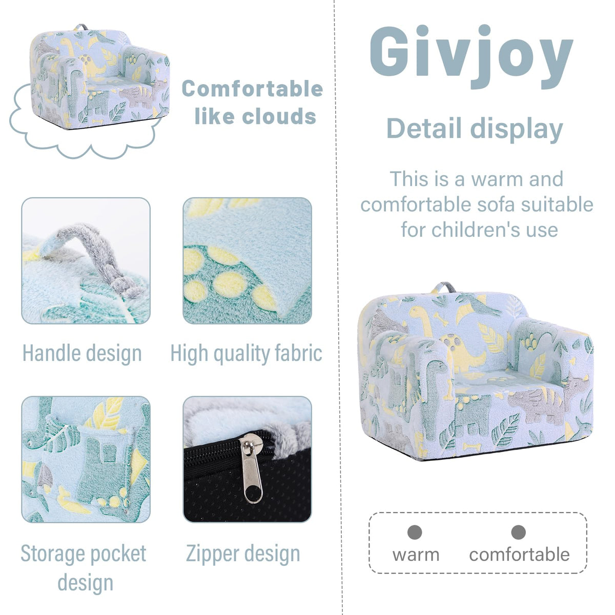 Givjoy Toddler Chair Plush Kids Couch, Comfy Glow in The Dark Dinosaur Chair with Removable and Washable Cover Carrying Handle Kids Sofa, Convertible Toddler Couch for Playroom Girls and Boys Green