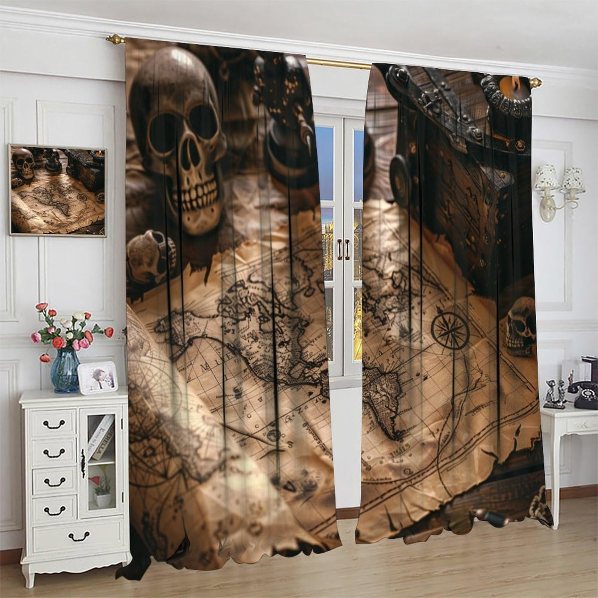 HDESDIS Mystical Pirate Treasure Blackout Curtains for Bedroom, Grommet Drapes Thermal Insulated Room Darkening Retro Skeleton Nautical Map Curtains, 21W x 45L, 2 Panels