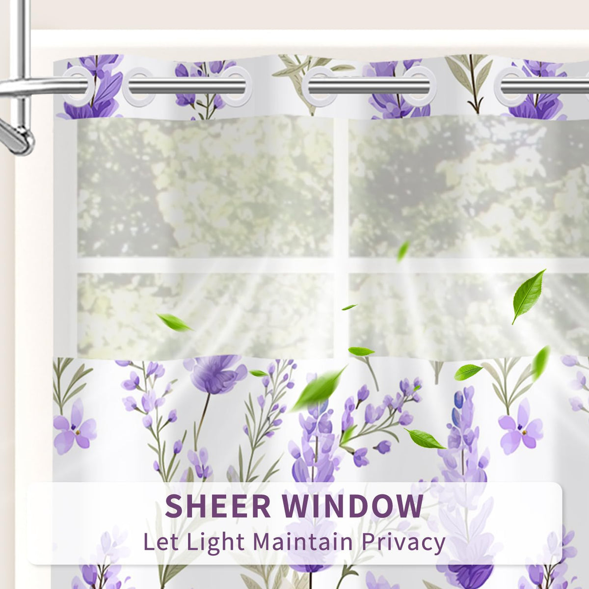 Leowefowa No Hook Shower Curtain and Waterproof Liner Set, Lavender Botanical Bath Curtain, Purple Watercolor Print, Light Fabric Bathroom Curtain with See Through Mesh Top Window, 71x74 Inch