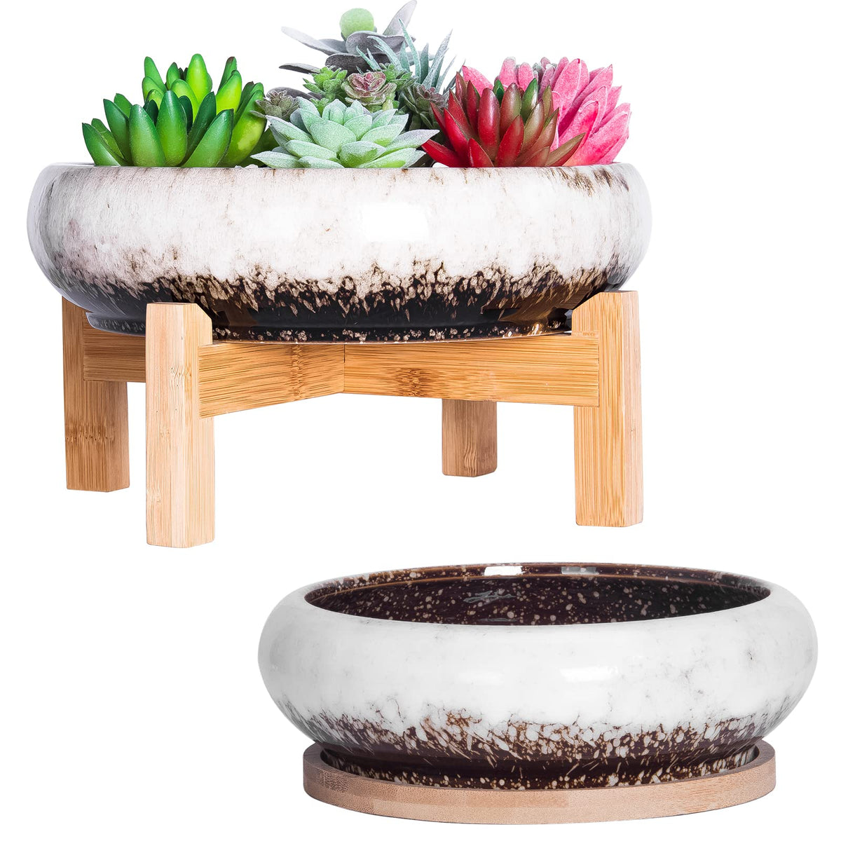 ARTKETTY Succulent Pots with Drainage, Large Succulent Planter with Stand and Saucer Shallow Bonsai Pots Ceramic Cactus Flower Planter Pot for Indoor Plants (7.3 and 10'')