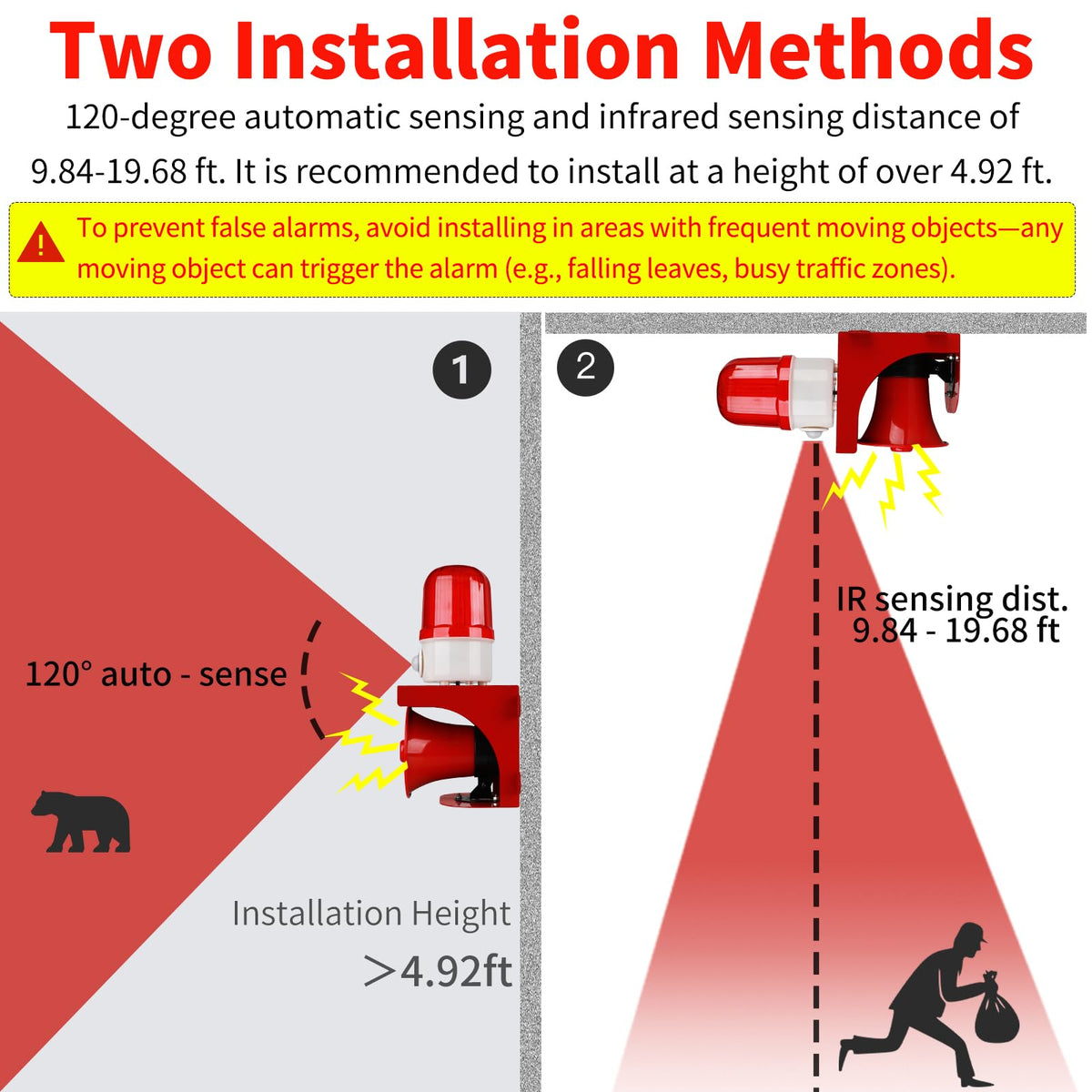 Motion Sensor Alarm with Human Detection,120dB Adjustable Siren & LED Strobe Lights Outdoor Security Alarm for Home Theft,Animal Intrusion,Garden Protection,Property Protection,AC110V with Plug