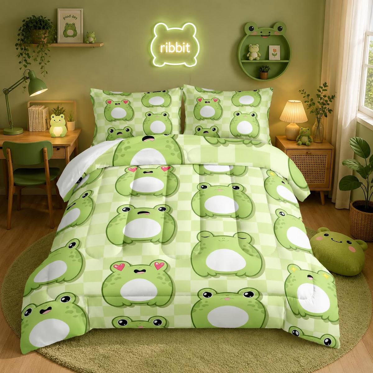 Nttopship Cartoon Frog Comforter Bedding Set with 2 Pillowcase Twin Size Cute Animals Comforter Set for Kids Boys Girls Bedroom Decor