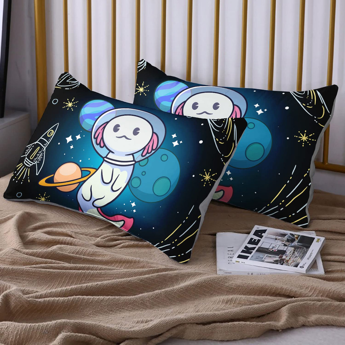 HOSIMA Axolotl Bedding Set for Kids Bedroom Decor,Space Cartoon Pattern Kawaii Set,Wildlife Animals Reptile Toddler Set,Full Size Fitted Sheet with 2 Pillowcase., Black, Full 55*75