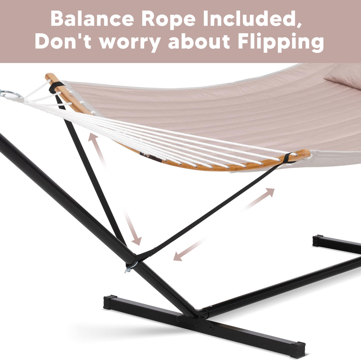 SUNCREAT 55 Inch Large Double Hammock with Stand, 450lbs Capacity, Outdoor Portable Hammock with Curved Spreader Bar, Extra Large Pillow, Tan