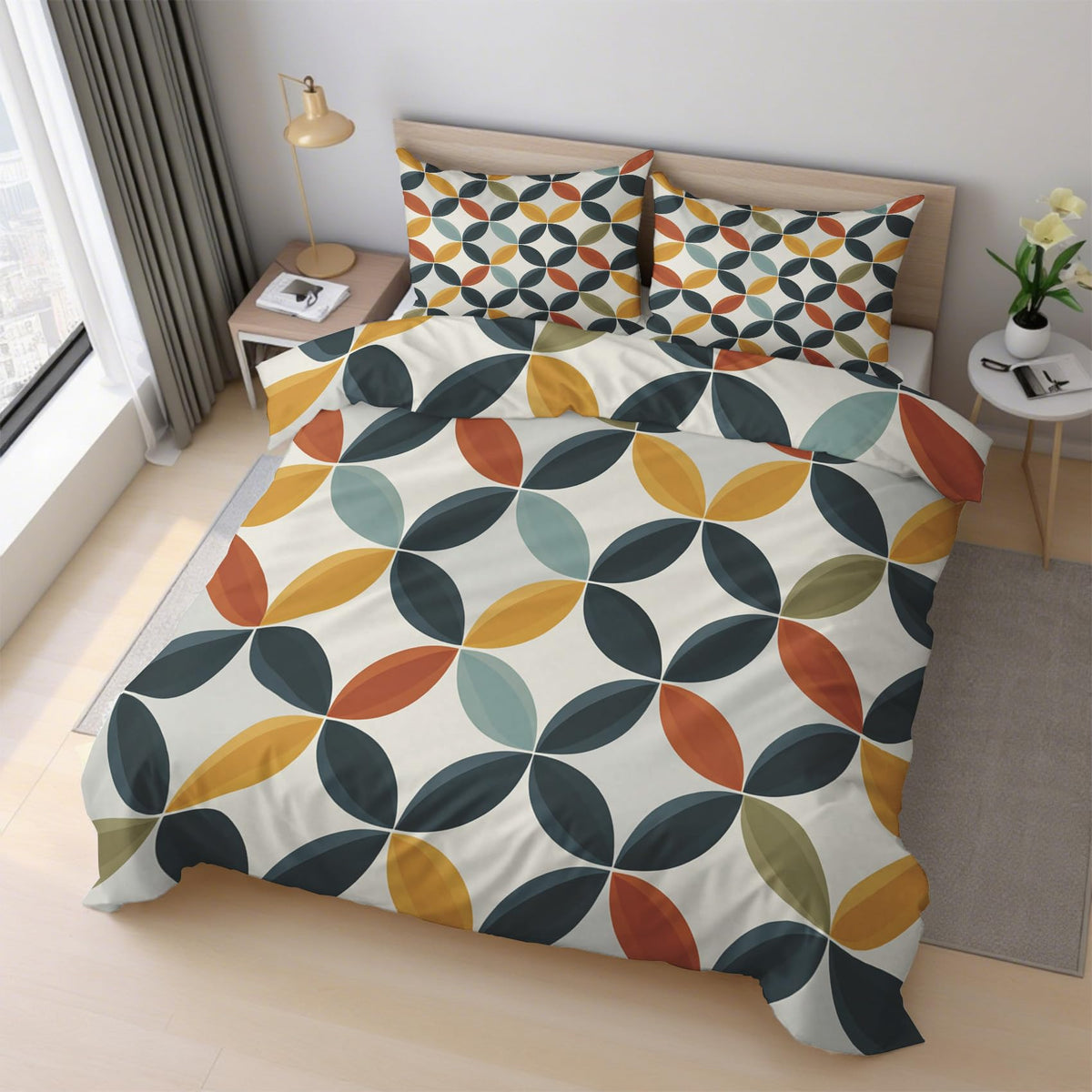 Mid Century Modern Twin Duvet Cover Set, Retro Geometric Circle Bedding Set 2 Pcs Reversible, MCM Geo Bedroom Decor, Ultra Soft Microfiber, 1 Pillow Sham, Zipper & Ties KJJT 104