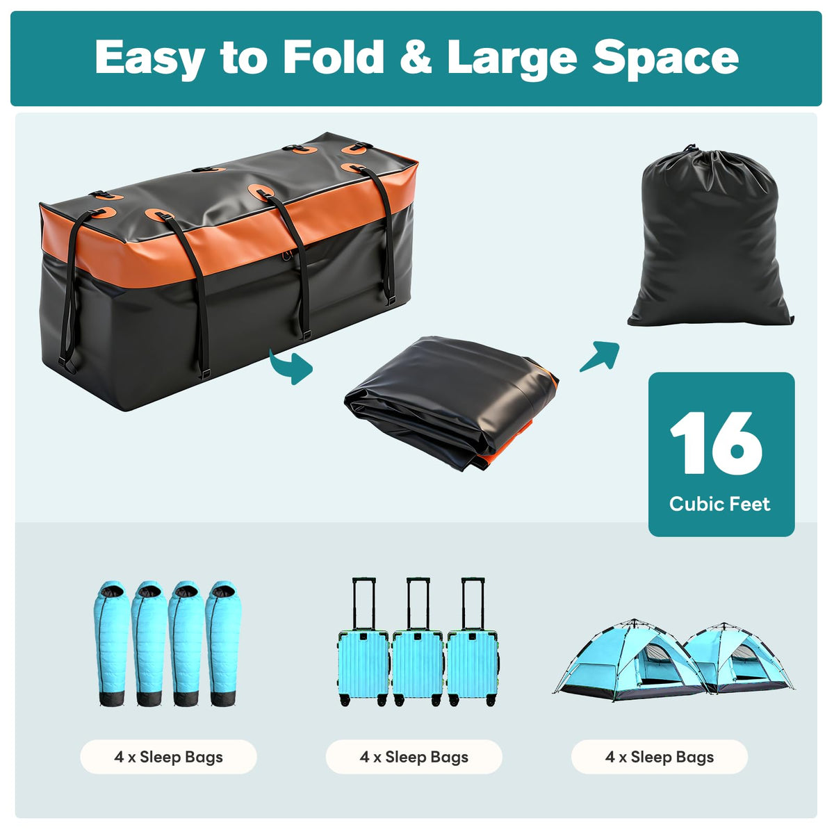 OLIXIS Folding Hitch Mount Cargo Carrier Basket 60x21x6 with Waterproof Luggage Bag, 500 Lbs Capacity Cargo Basket with Hitch Stabilizer, 16 Cubic Feet, Straps, Net