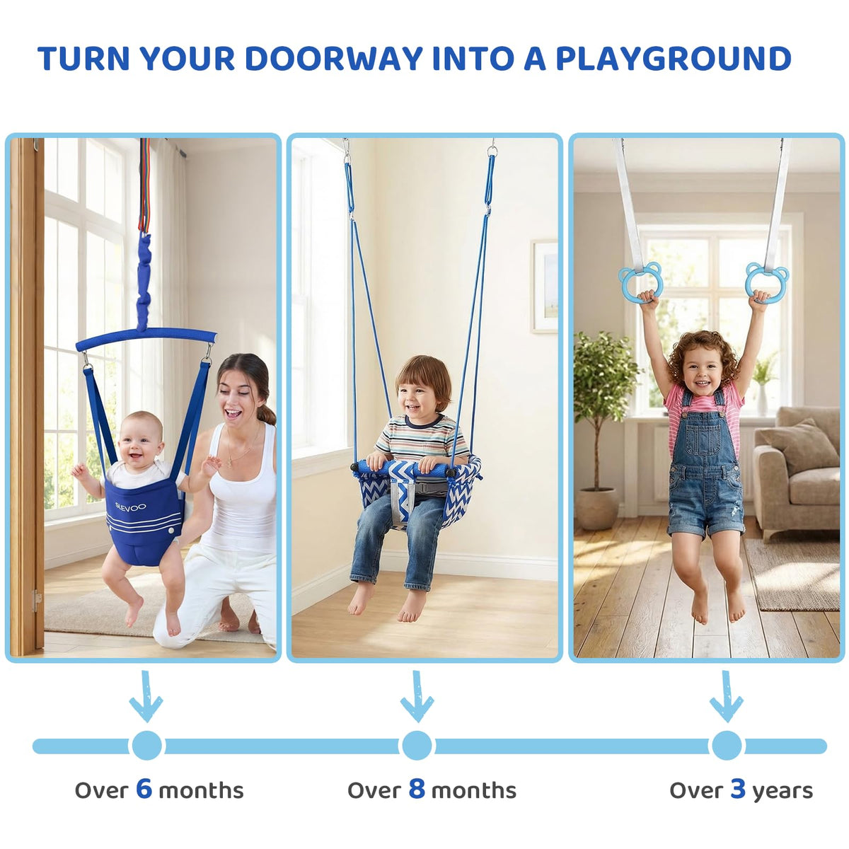 Slevoo Kids Doorway Jumper Swing with Pull-Up Bar Gym, 4-in-1 Indoor Playground Set, Fits 28"-37" Hallway Doorway Exercise & Play Equipment for Toddlers & Kids