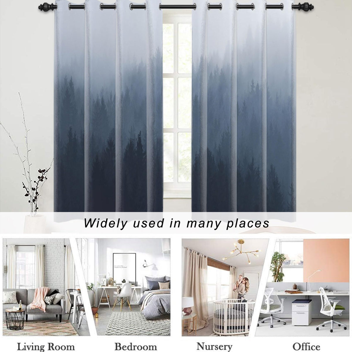 AWERT Blackout Curtains for Bedroom Navy Blue Ombre Forest Window Drapes 2 Panels for Living Room Heat Blocking 21x63inch