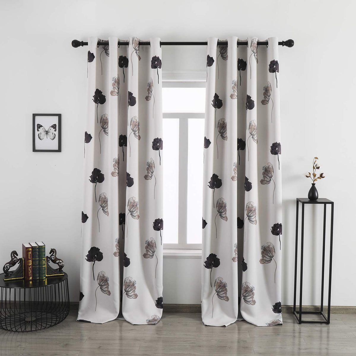 Taisier Home Floral Print Thermal Insulated Bedroom Heat Absorbing Room Darkening Energy Efficient Savings Living Room Window Curtain Grommet Panels, Set of 2, 52 W x 95 L, Black/Grey/Brown