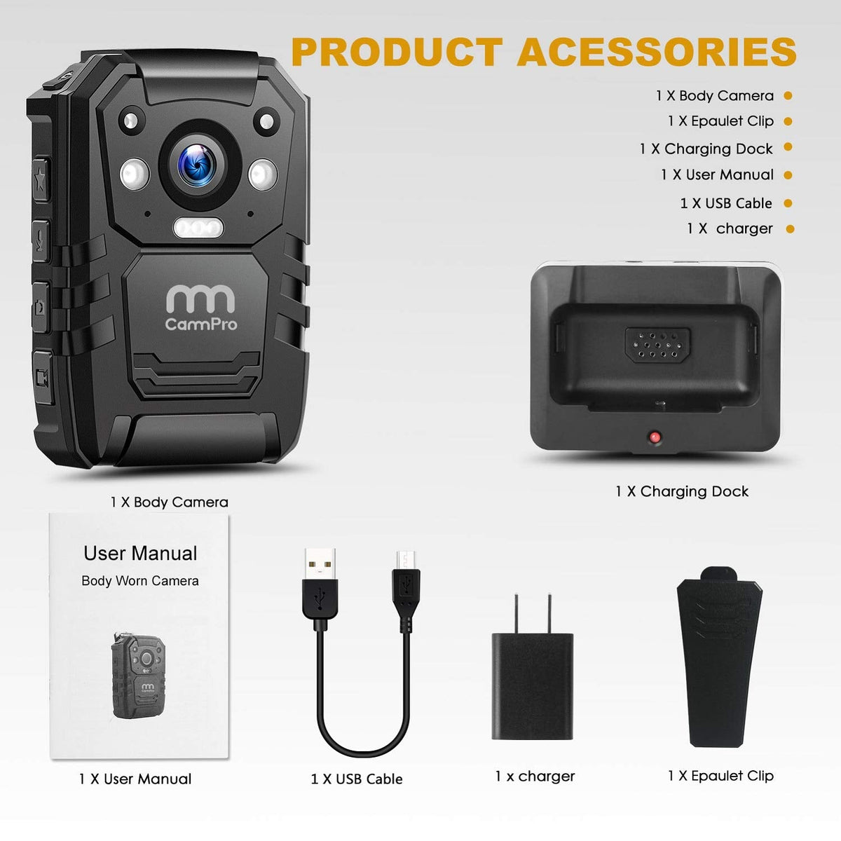 CammPro I826 1440P 2K HD Police Body Camera,64G Memory,Waterproof Body Worn Camera with Audio Recording,Night Vision,GPS for Law Enforcement