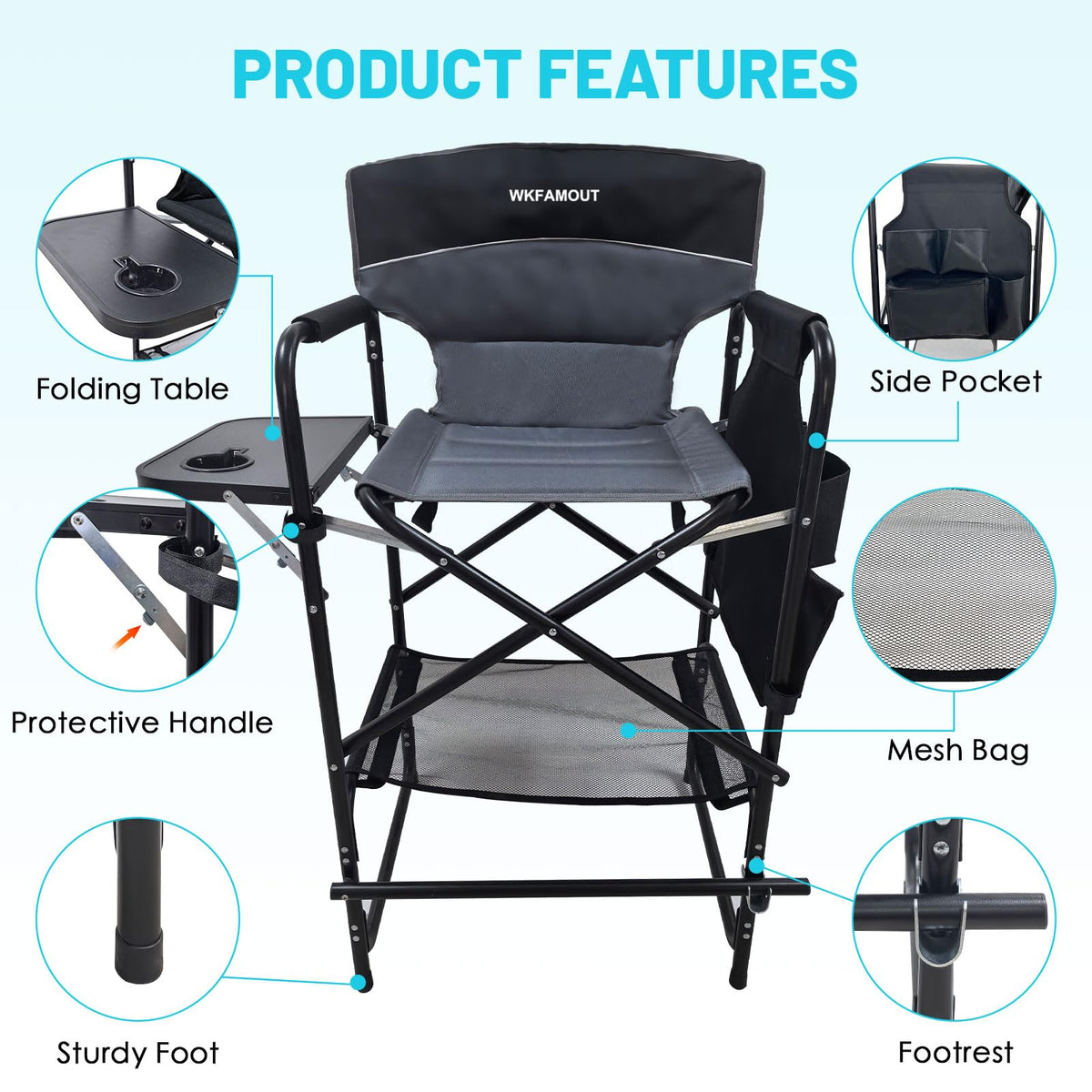 WKFAMOUT Tall Folding Director Chair 30.7" Seat Height Foldable Bar Stool for Makeup Artist Face Painting with Side Table Carry Bag and Cosmetic Bag Supports 350LBS