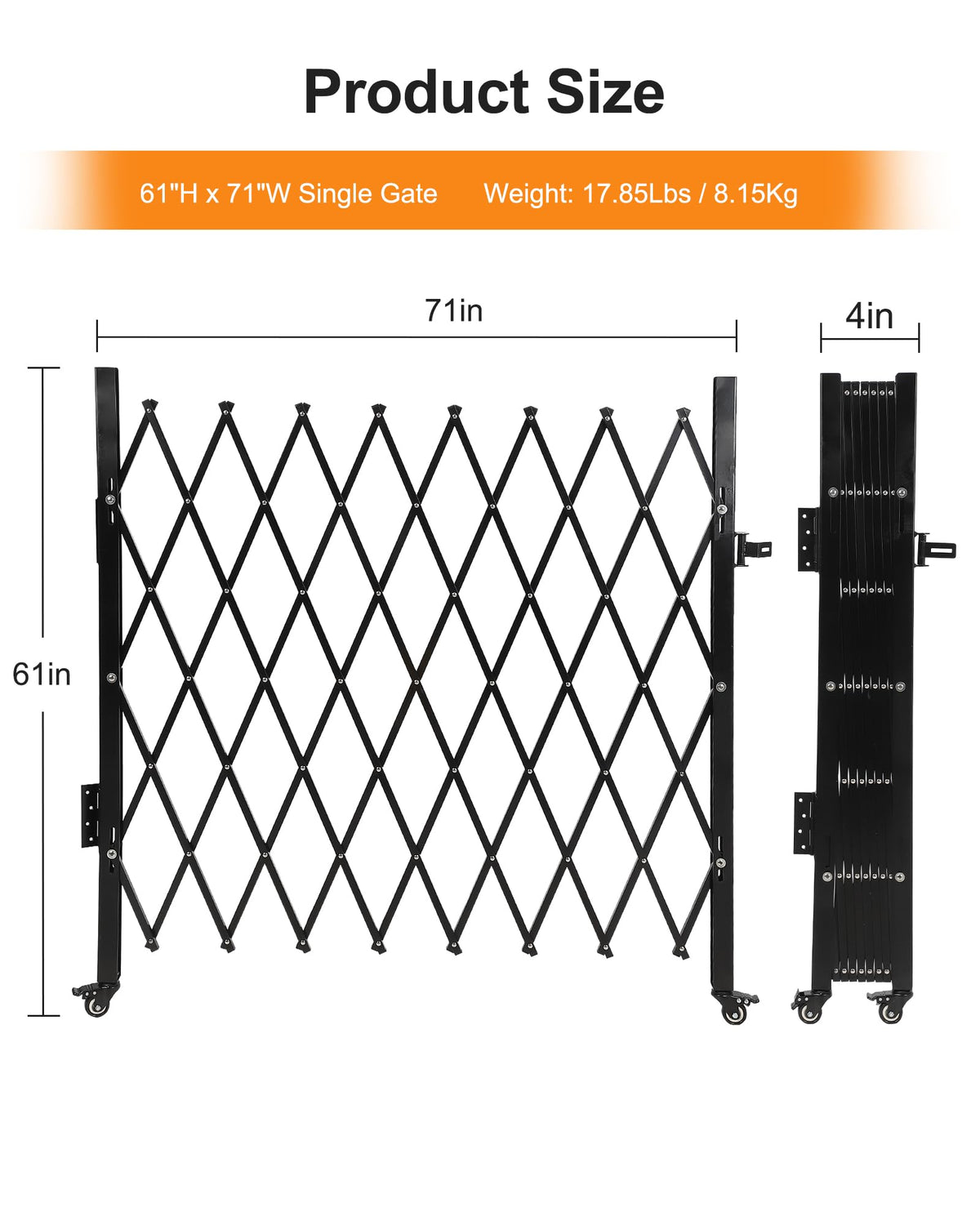 Single Folding Security Gate, 61" H x 71" W Flexible Expanding Security Gate, Folding Driveway Door Gate, Aluminum Security Gate, 360°Rolling Barricade Gate, Scissor Gate or Door, Black