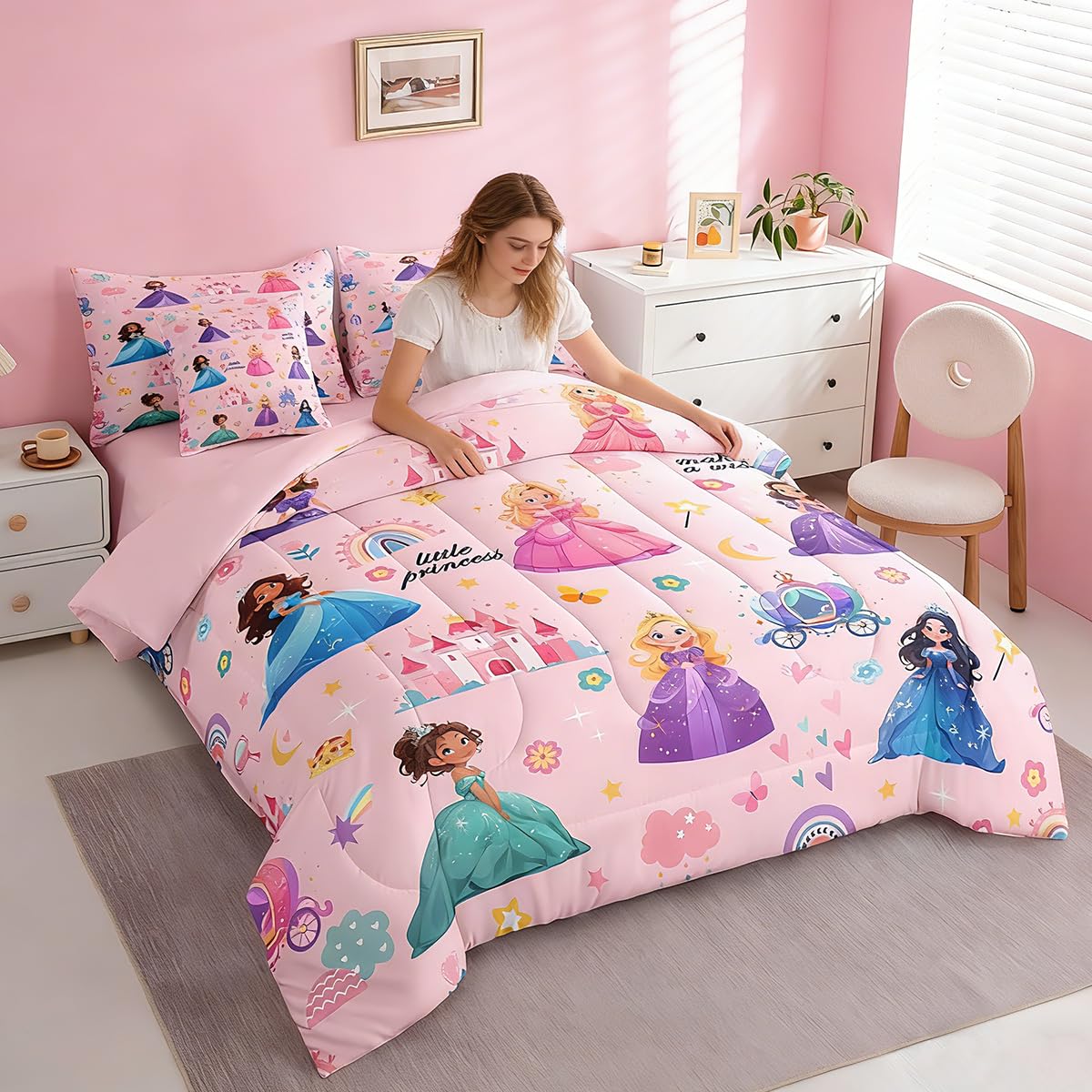 jejeloiu Kids 7 Piece Princess Bedding Set Twin Size Pink Castle Bed Set Includes Comforter, Sheet Set, Pillowcases & Pillow Covers Bedroom Decor Fairy Dreamy Bed in a Bag Breathable Soft