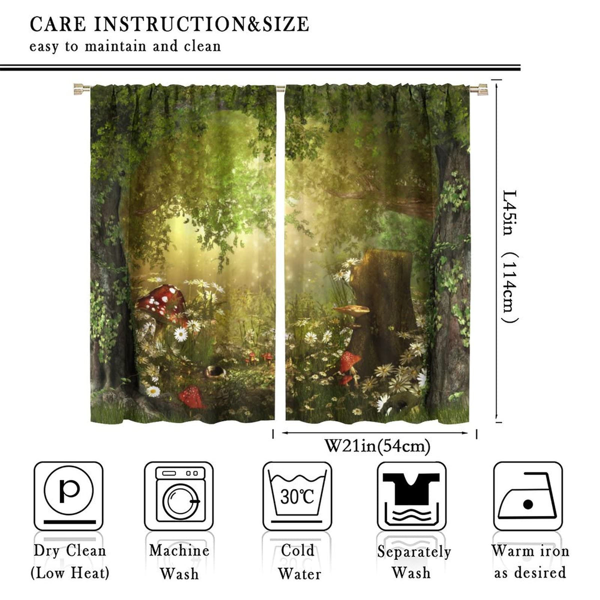 Dream Forest Curtains Beautiful and Charming Fairy Tale Lush Forest Land Mushroom Stumps Flowers Suitable for Kitchen Blackout Window Drapes Decoration 2 Panels Green 42x45 Inch
