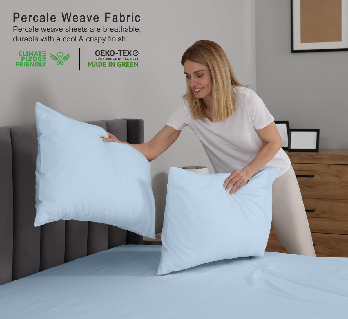 RUVANTI 100% Cotton Percale Sheets, Full Size, Baby Blue