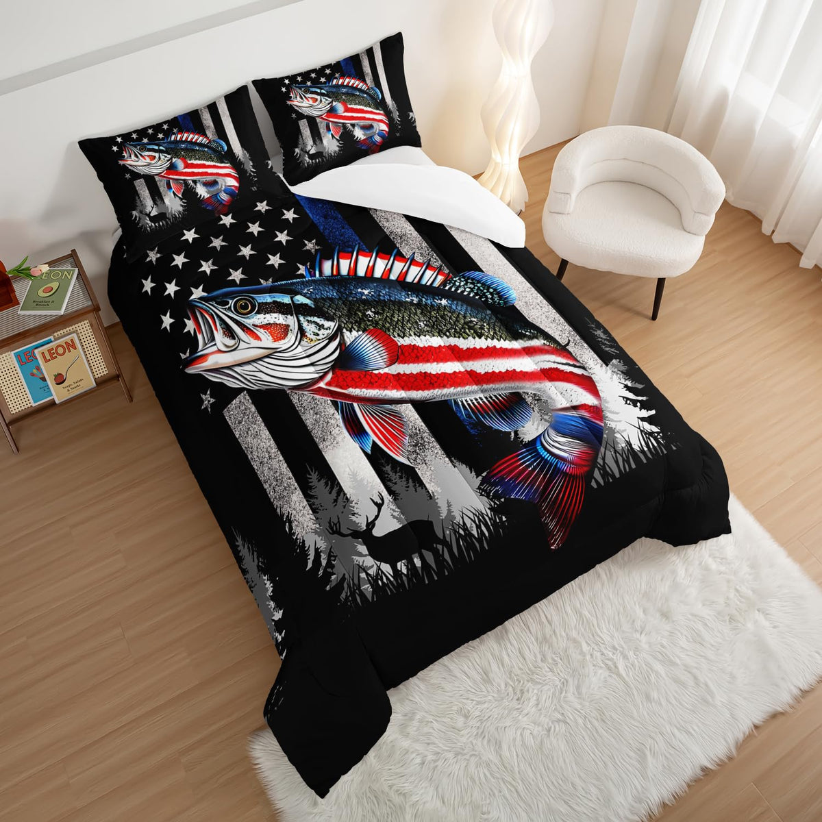 HOSIMA Soft Microfiber Black Full Size Comforter with 2 Pillowcases,American Flag Striped Bass Pattern Bedding Sets,Fishing Comforter Kids Men Boys Room Decor,Bed in a Bag Full Size for Teens.