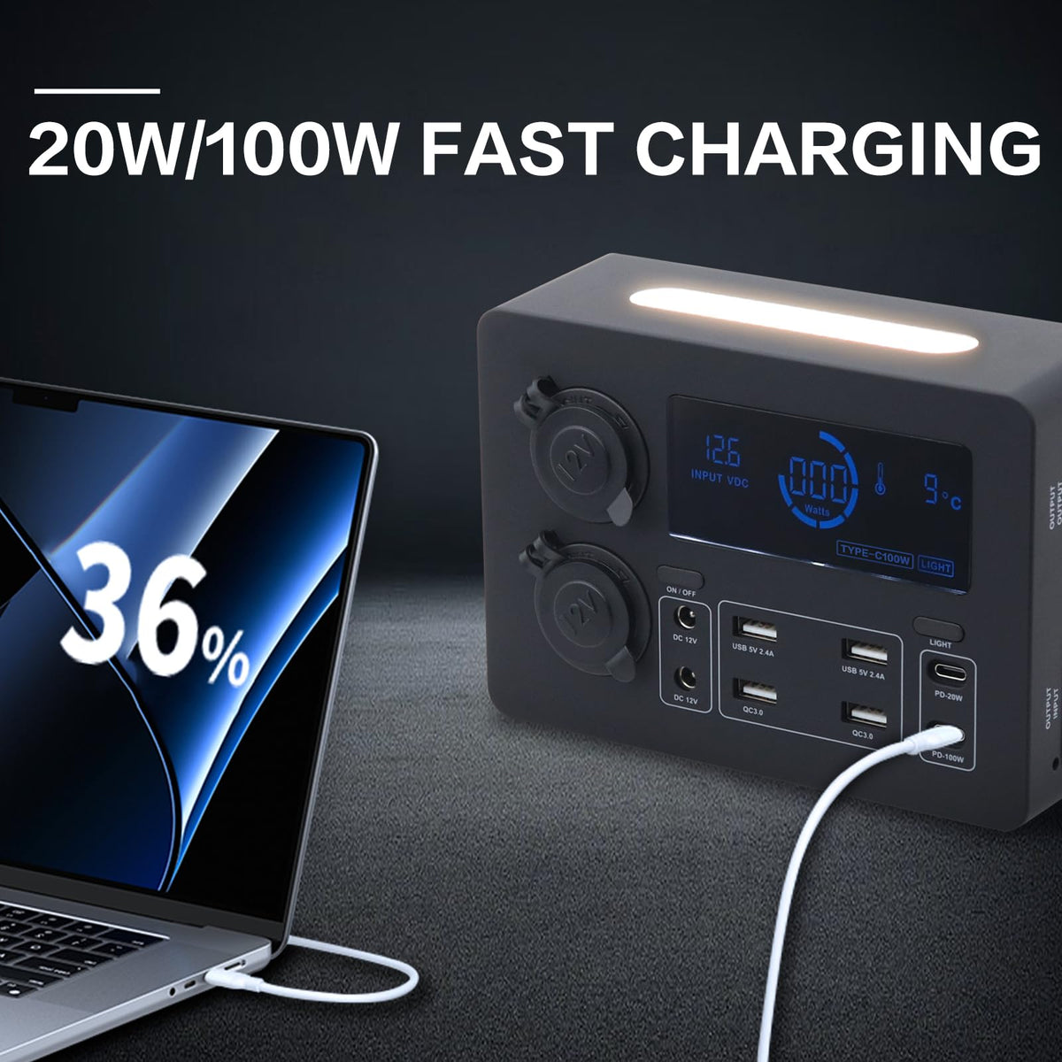 AMOMD 12-24 V Power Outlet Hub Distribution Box 13 Output Sockets Quick Plug+PD20W/100W+QC3.0 USB+CIG Power Sockets Plug-and-Play with LCD Display LED Light Suitable for All Deep-cycle Type