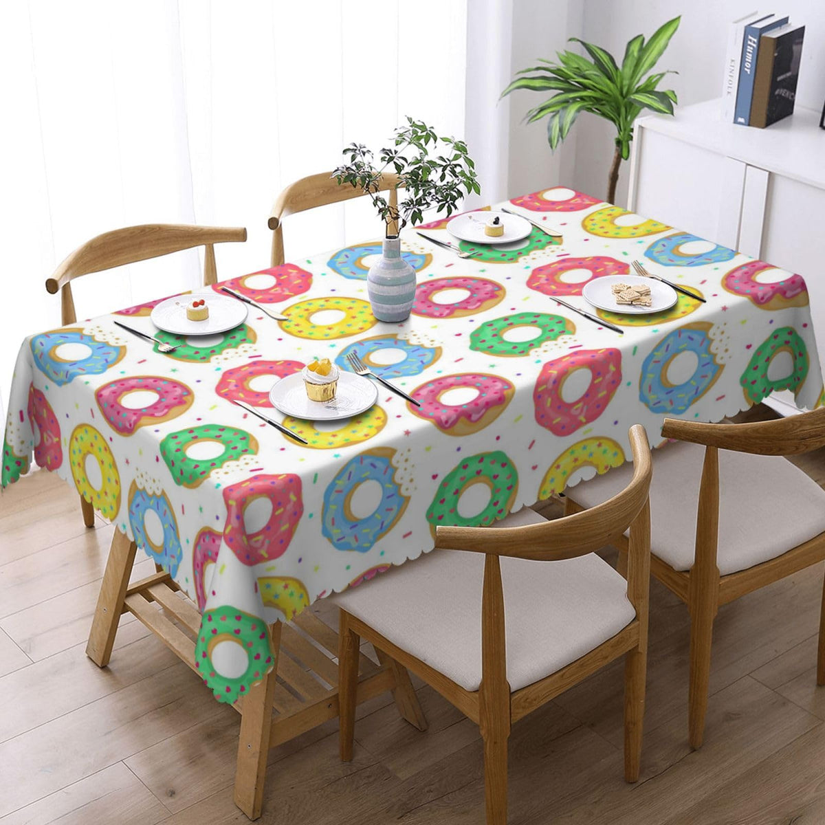GOUROISE Pink Dount Rectangular Tablecloth, Sweet Food 54x72 Inch Wavy Lace Border Polyester Table Cloth for Dining, Kitchen, Parties