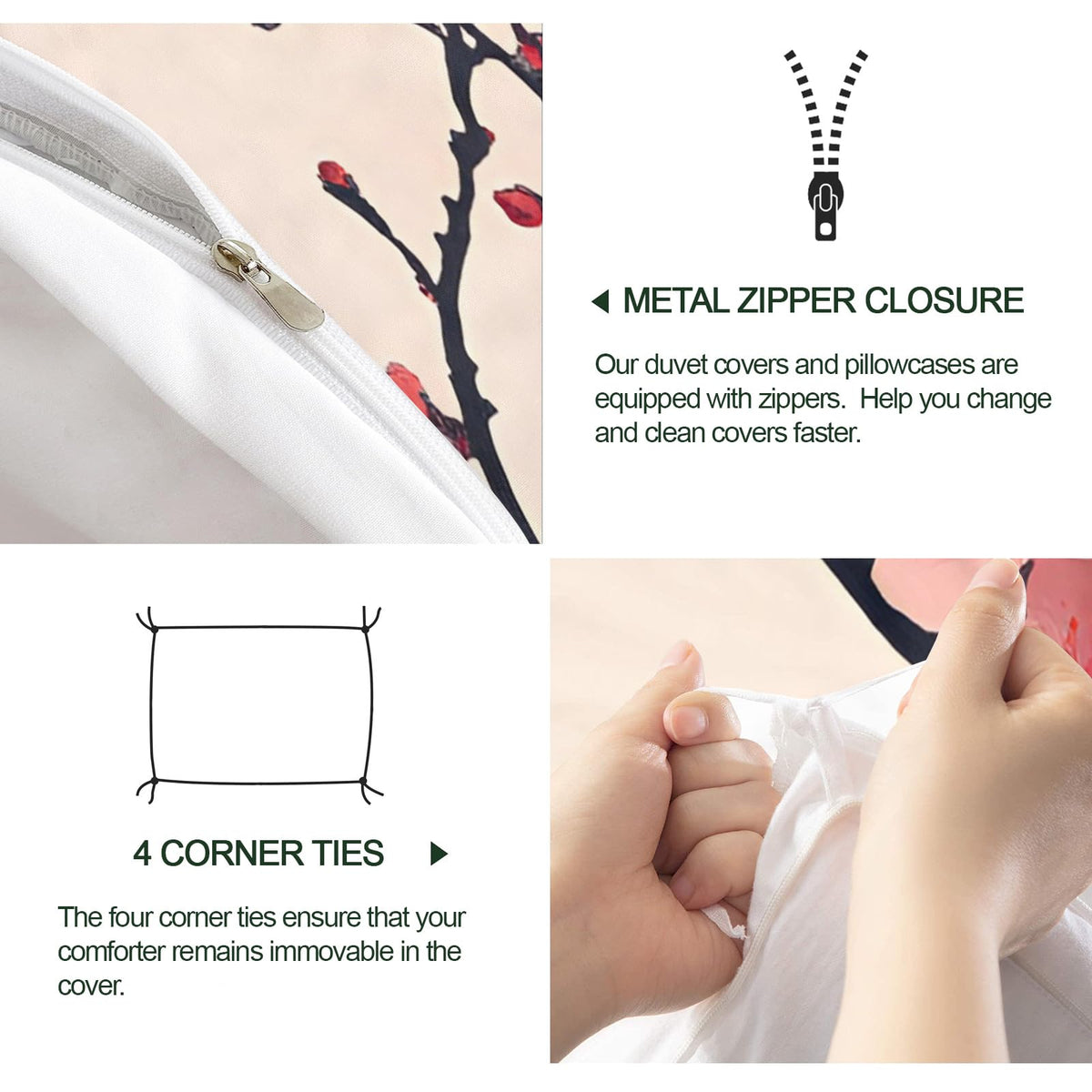 QINYUN Cherry Blossoms Duvet Cover Oversized King Size, Traditional Flower Bedding Set 3 Piece, Cherry Branch Comforter Cover 120x98 and 2 Pillow Sham with Zipper Closure