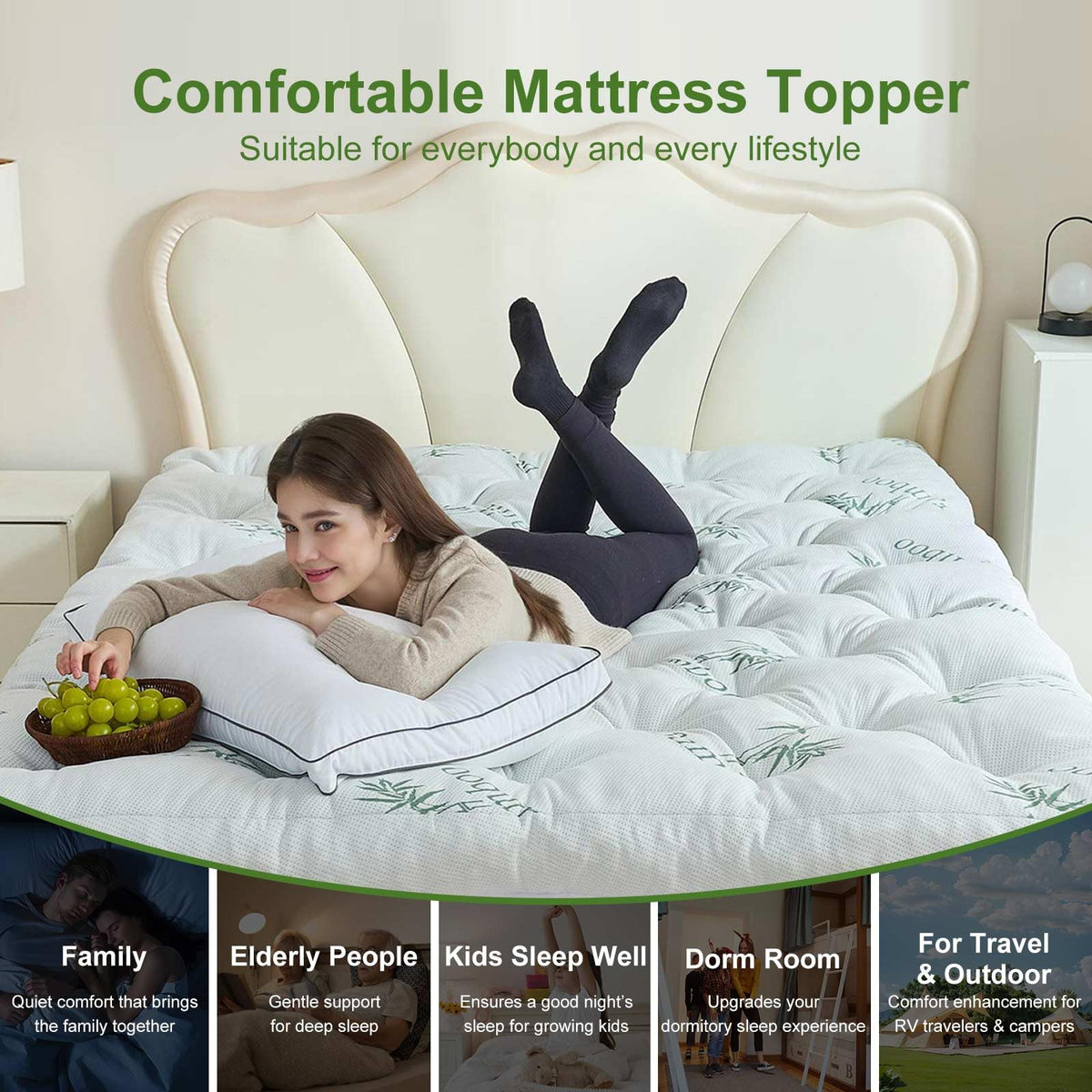 Whatsbedding Memory Foam Mattress Topper King Size, 5 Inches Slow Rebound Memory Foam Topper with Cooling Viscose Made from Bamboo Cover, Deep Pocket Designed Mattress Topper