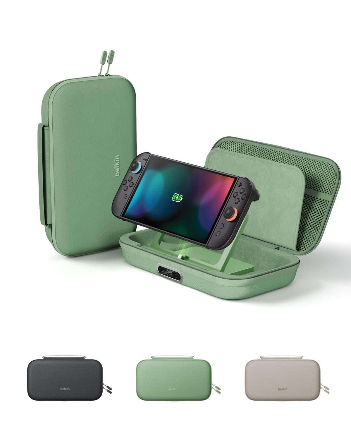 Belkin Nintendo Switch 2 Charging Case Pro, 10000mAh Power Bank, 30W Fast Charging w/Kick Stand - Custom Fit, Hard Shell Carrying Case, 12 Game Card Slots, AirTag Holder, Digital Display - Sage