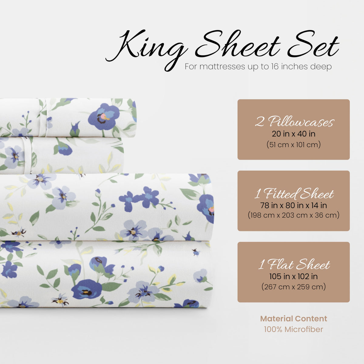 Linen Market 4 Piece King Sheet Set - Breathable, Double-Brushed Patterned Cooling Sheets – Oeko-TEX Certified Ultra Soft & Wrinkle-Free 16" Deep-Pocket King Sheets - Easy Care Blossoms Light Blue