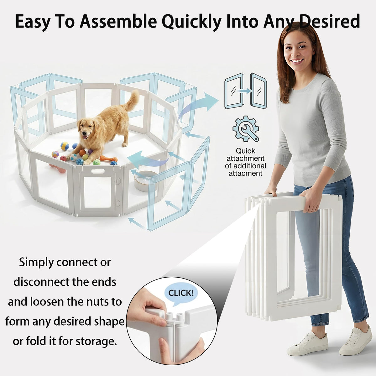 Jatindear 12Pcs Free Angle Plastic Dog Playpen, All-in-One Assemble Playpen Divider, Durable Safety Play Pen Indoors, Puppy, Cat, Small Animal (White, 78.74" × 39.37" × 23.6")