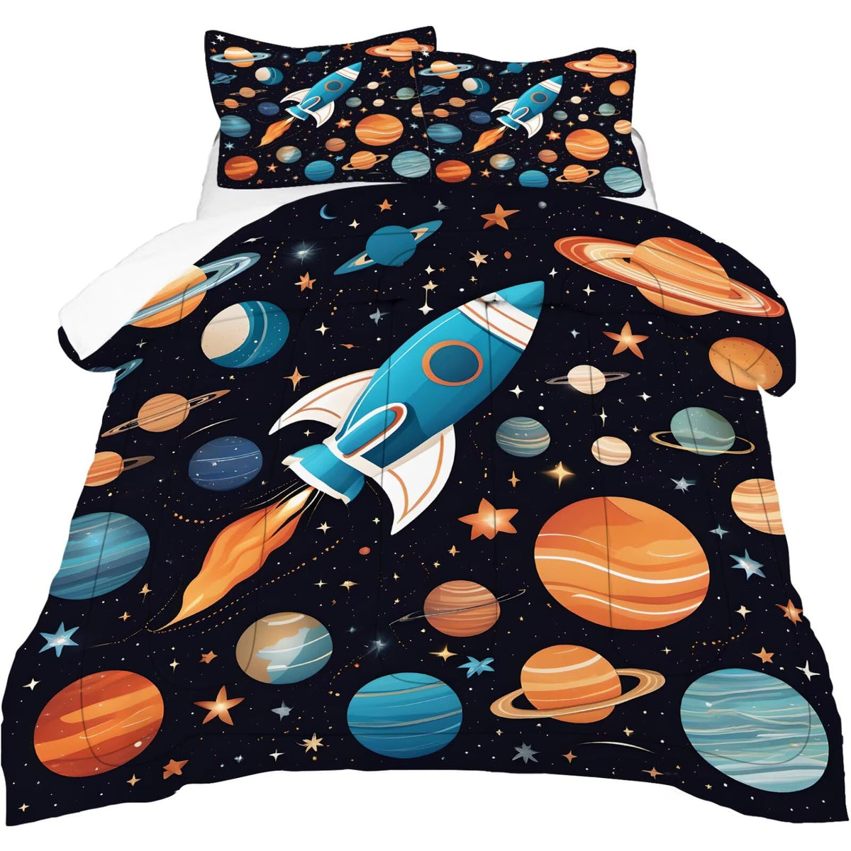 DJNEAR Space Rocket Comforter Set Full Size Galaxy Bedding Sets for Kids Boys Girls Teens Adults Bedroom Universe Stars Planets Quilt 1 Comforter 2 Pillowcases