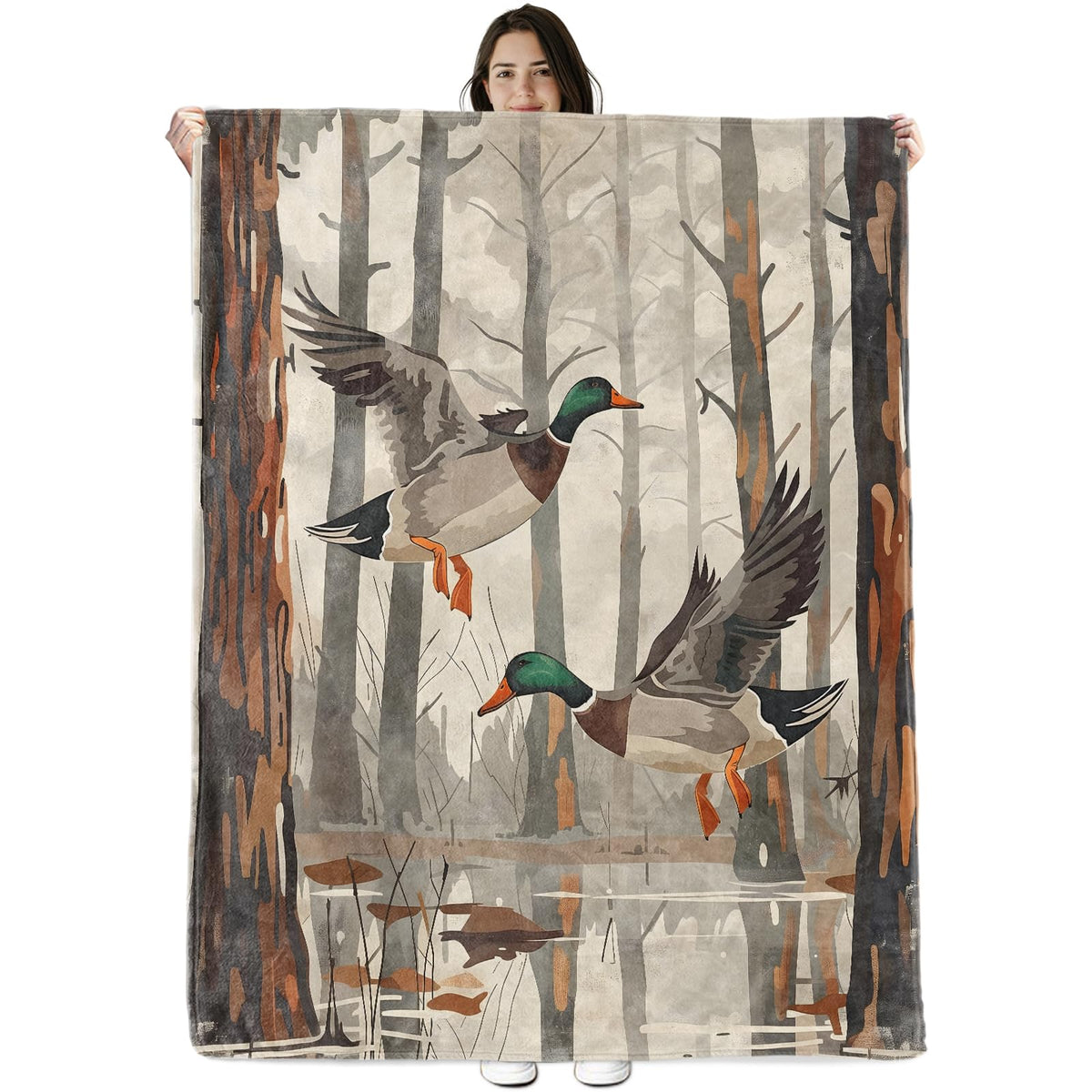 Mallard Duck Blanket Gifts for Boys Girls Kids, Flying Ducks in Forest Wetland Warm Soft Flannel Throw Blankets for Travel, Sofa, Room, Bedroom Birthday Christmas Spring Decor, 50x60 in