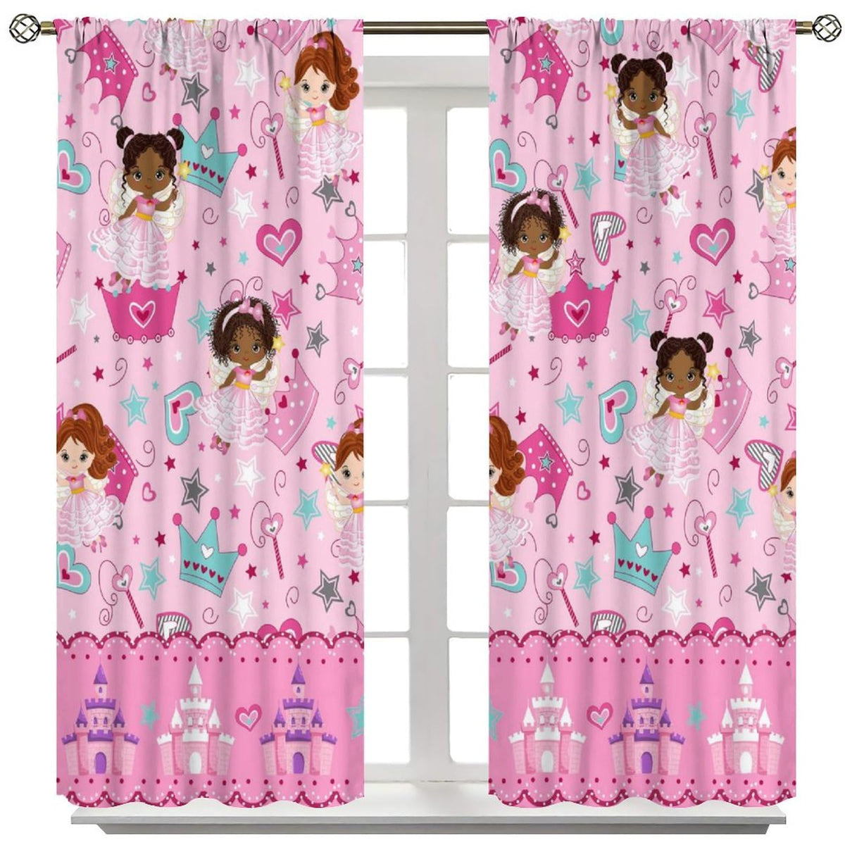 AAVEUP Kids Black Girls Curtains,Cartoon Pink Fantasy Magic Princess Castle Star Love African American Black Girl Window Treatments Drapes for Girls Living Room Bedroom 42x45in（No Blackout）