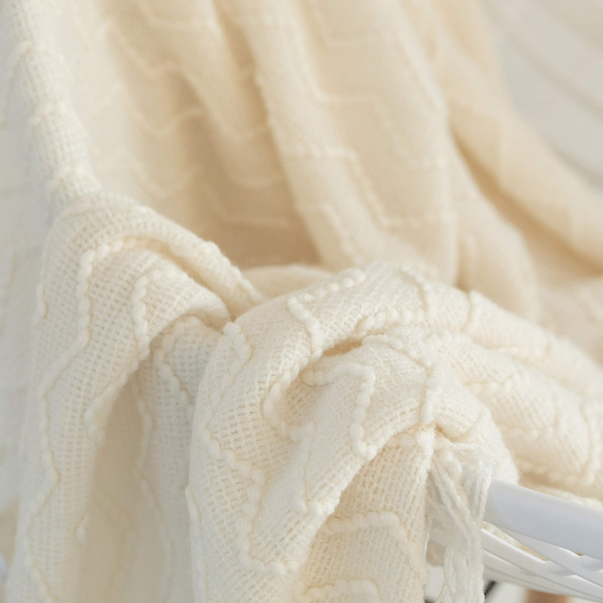 Decorative Chevron Pattern Knit Throw Blanket, 50x60 in, Made with Premium Yarns for Softness and Durability, Finished with Chic Fringe will Add a Cozy Touch to Your Living Space - White, Gifting