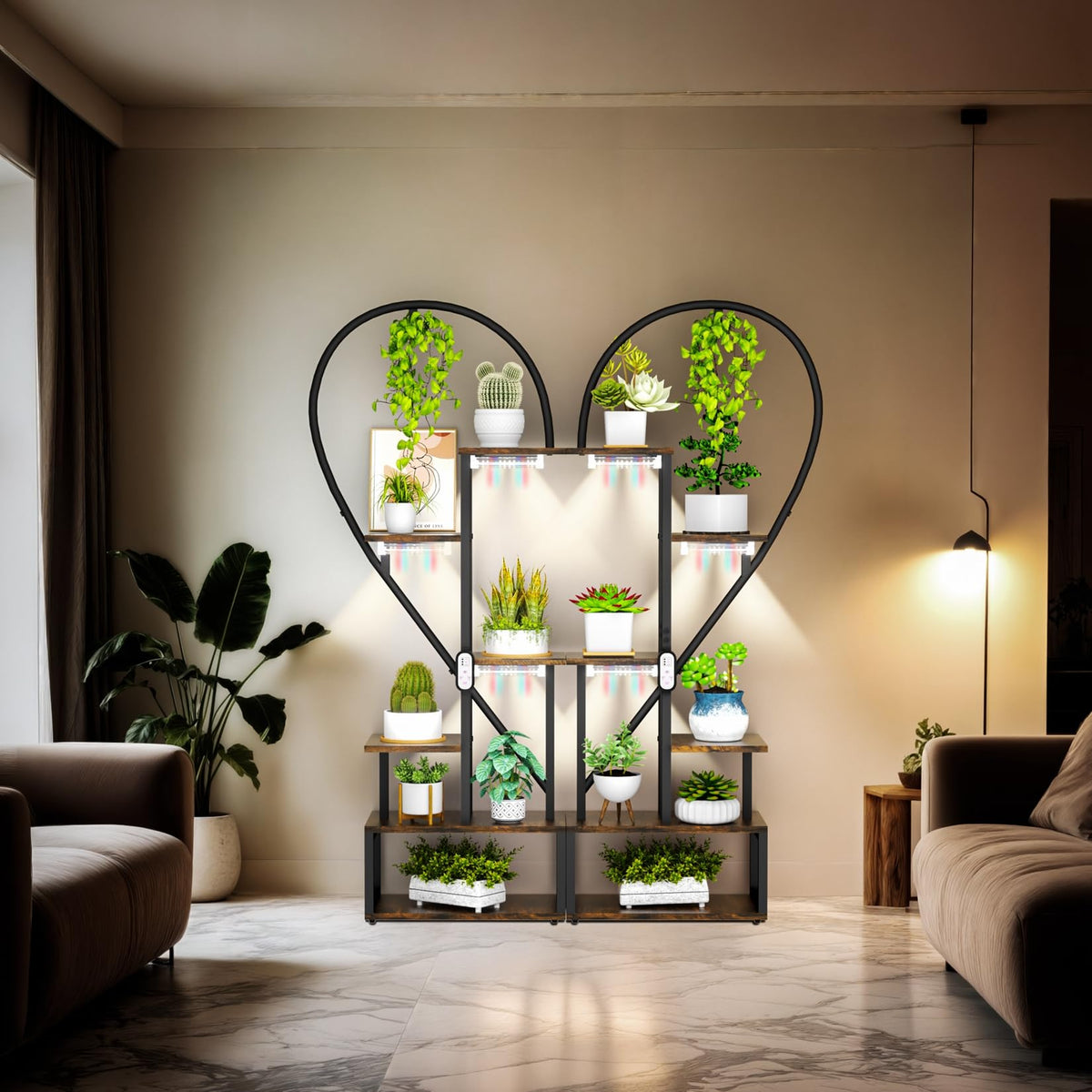 unho Plant Stand Indoor with Grow Lights, 3 Head Full-spectrum Plant Grow Lights，6 Tiered tiered plant plant shelf indoor Multiple, Half Heart Shape Plant Rack, Large Brown Plant Holder for Home Patio Balcony (2 Pack)