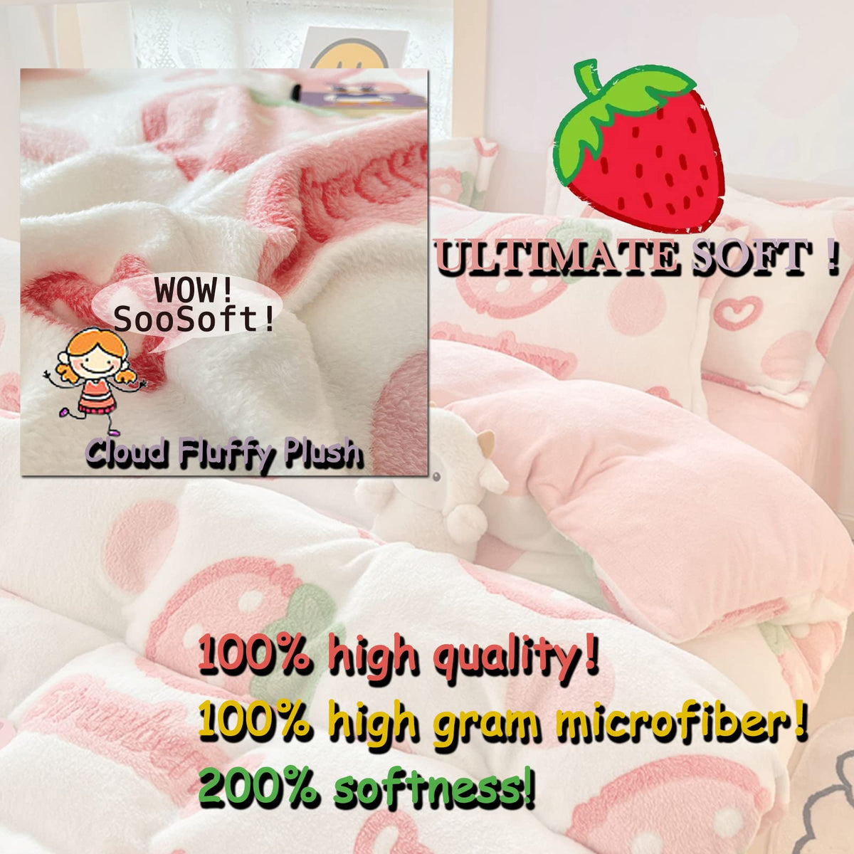 MorroMorn Twin Duvet Cover Set, Pink Strawberry Cute Bedding Sets, Fluffy Comforter Covers Lightweight Blanket Ultra Soft Kawaii for Girls Kids Toddler Teen Women Twin/Twin XL Size