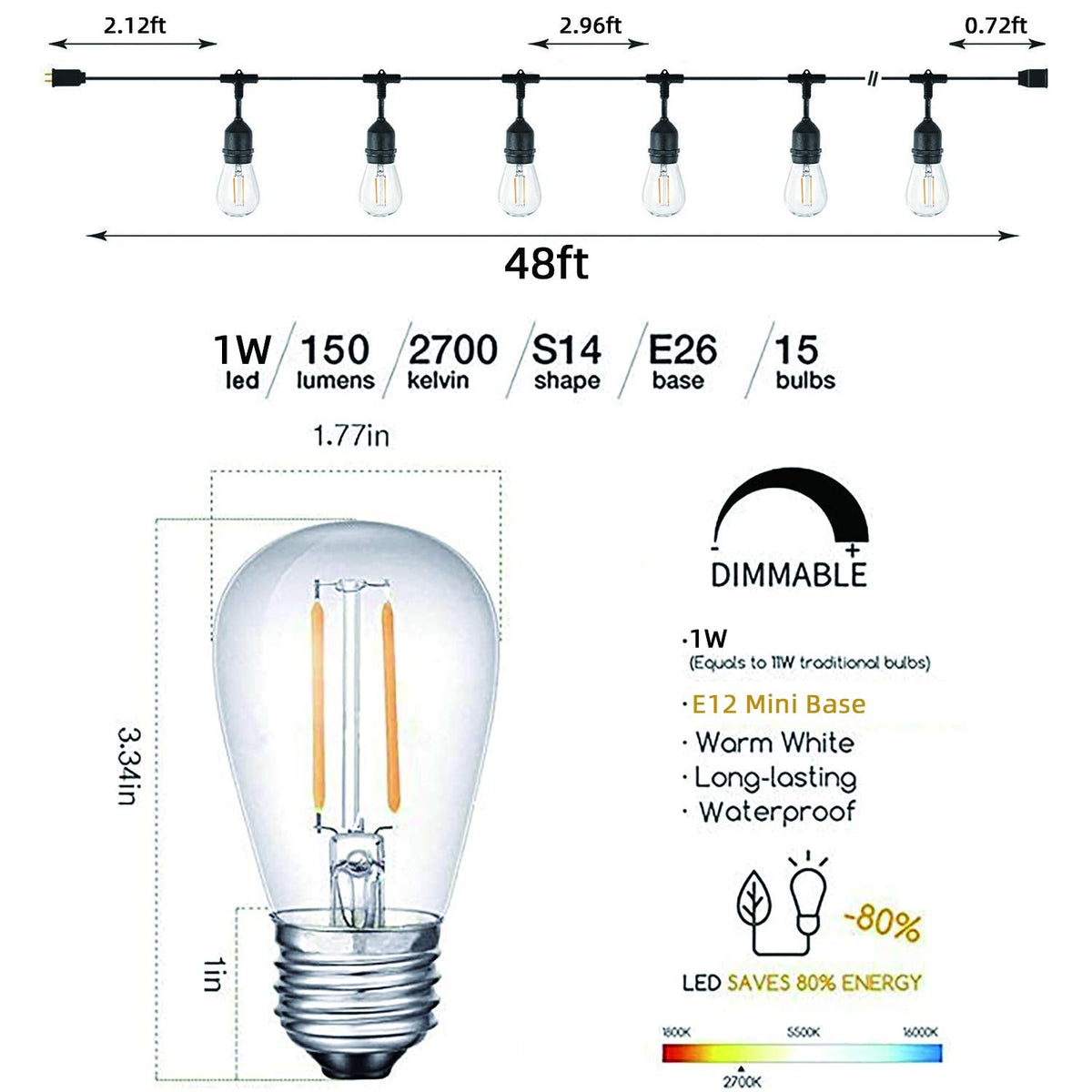 Svater 48FT 2W Outdoor String Lights with 150FT 1W Outdoor Led String Lights