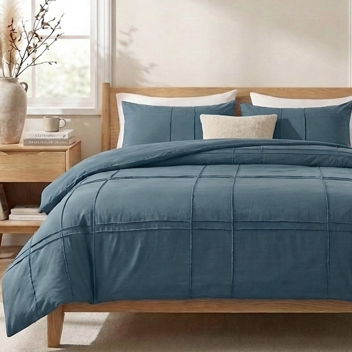 Cozaline 100% Cotton Dark Blue Queen Size Duvet Cover Set - 3 Pieces Pintuck Pleated Duvet Cover, Soft Breathable Duvet Cover with Zipper Closure, Modern Minimalist Bedding Set