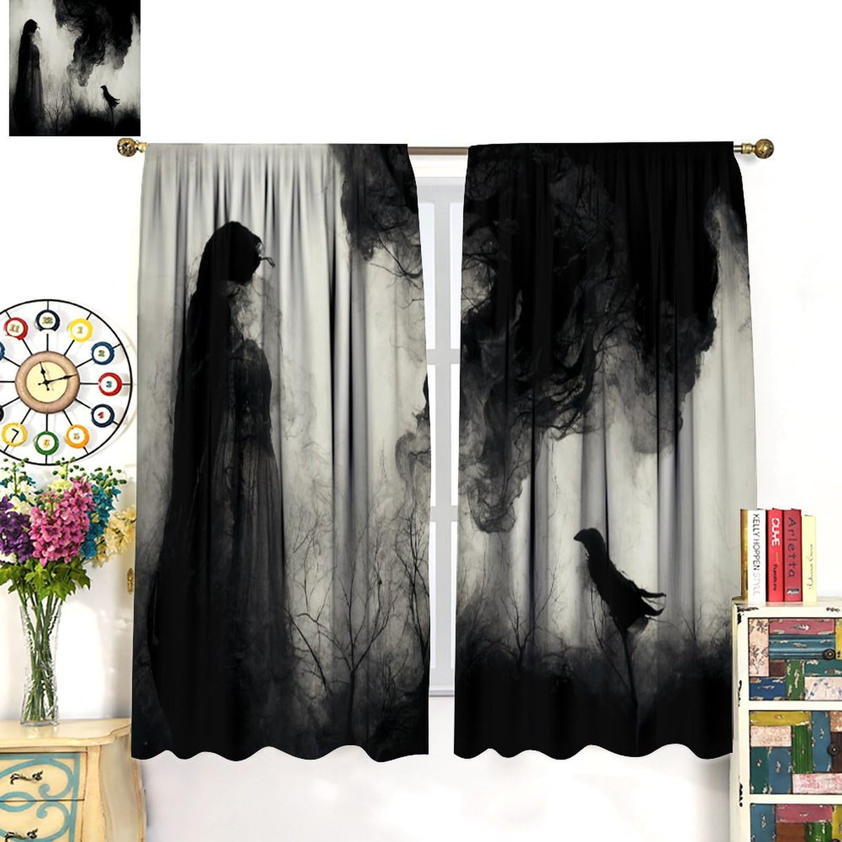 Halloween Misty Forest Curtains, Gothic Foggy Night Silhouette Birds Black Raven Crow Room Darkening Door Window Rod Pocket Curtain for Living Room Bedroom W42xL45in