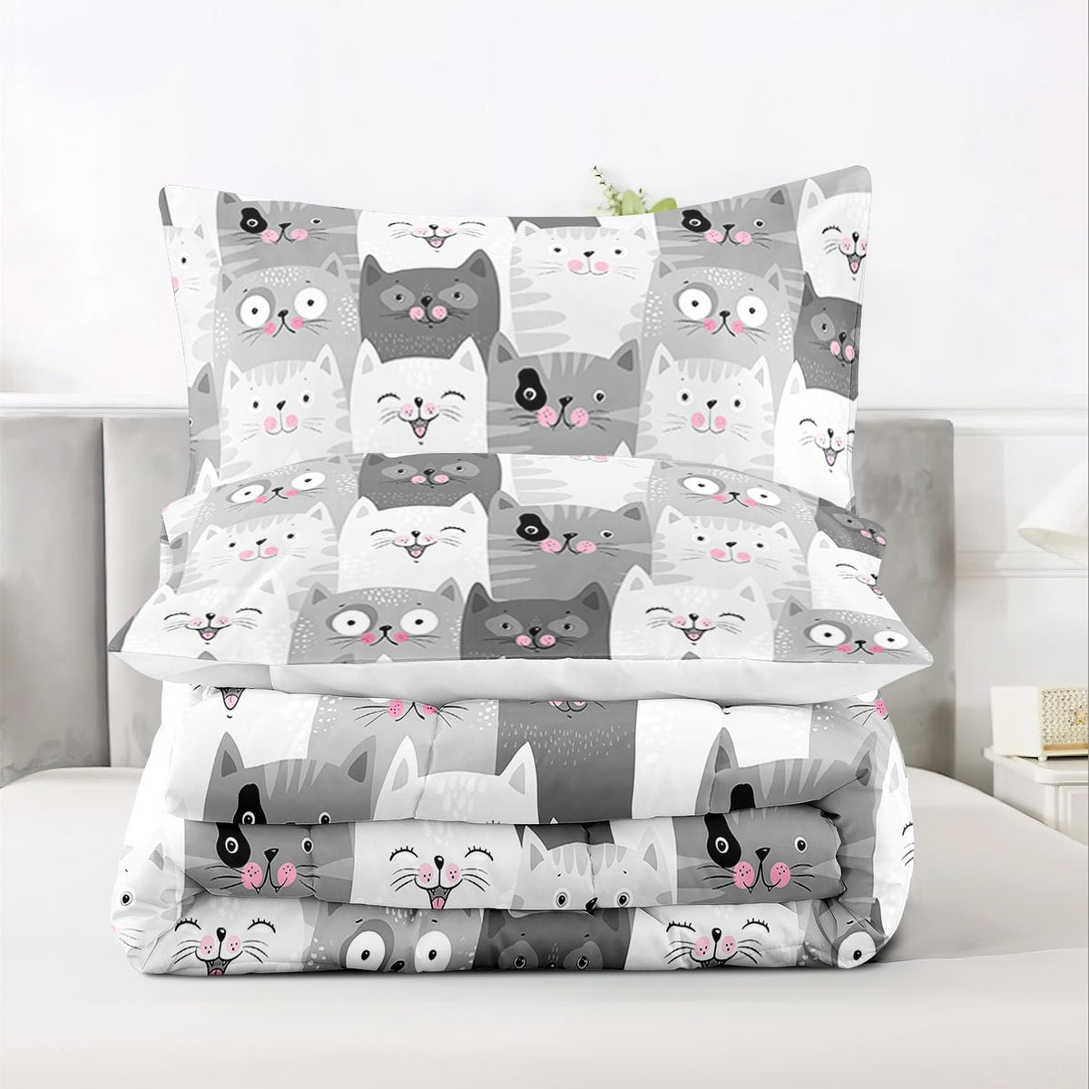 Raphus cucullatus Girls Twin Comforter Set Cat,Kawaii Cat Twin Bedding Sets for Girls,Cute Comforter Sets Twin Size Bed,Kids Animal Print Bedding Set,Girl Grey Bedding 3 Piece Twin Bed Set