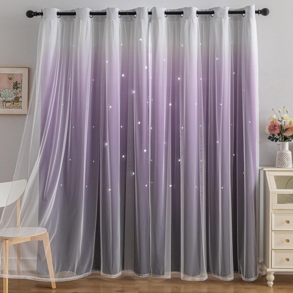 indistar Colourful Stripe Star Cut-Out Blackout Curtains for Bedroom,2 Layers Mix Design of Fabric & Tulle,Pretty Window Curtain for Kids Room 1 Panel (W52 x L72 Dark Purple)