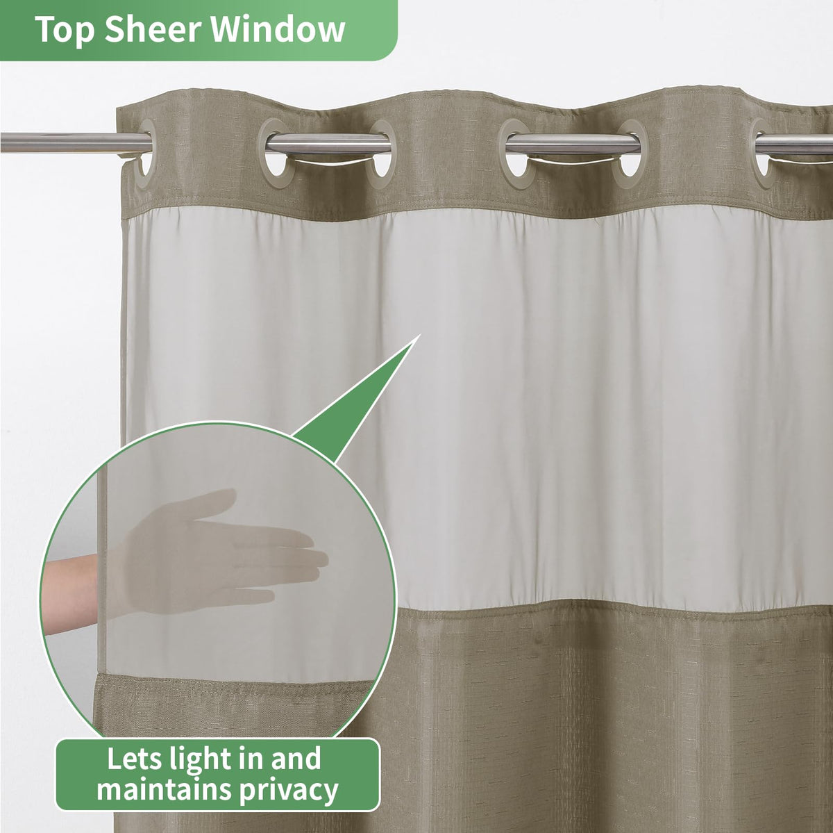 eachope No Hook Shower Curtain with Snap-in Fabric Liner Set,Slub Textured Fabric Shower Curtains for Bathroom,Hotel Style Modern Shower Curtain,Water Repellent & Washable,71x77(75),Tan/Khaki