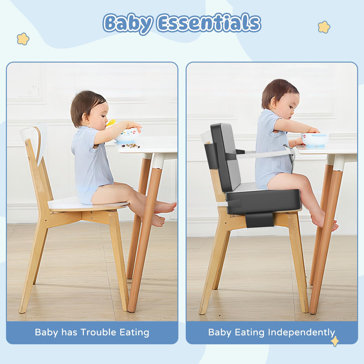 Booster Seat for Kitchen Chair, Toddler Booster Seat for Dining Table with Backrest & Safety Buckles, Non-Slip Portable Dining Seat, High Chair Alternative for Home & Travel