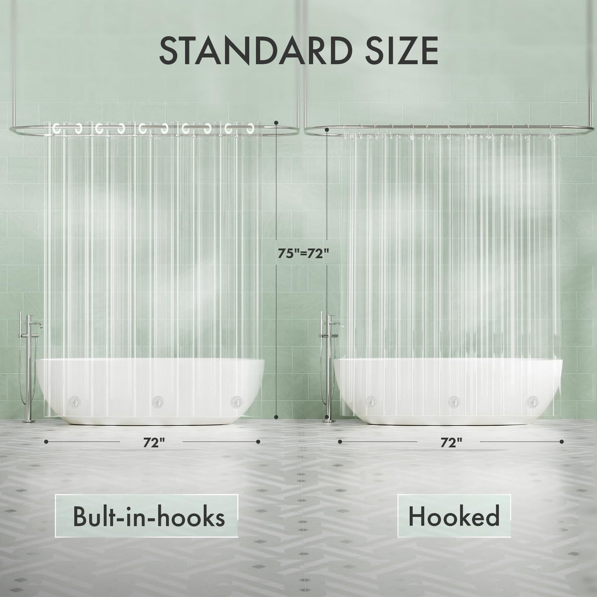 AmazerBath No Hook Shower Curtain and Liner 3-in-1, 100% EVA Luxury Soft Heavy Duty Clear Shower Liner, 72x75 Hookless Shower Curtain with 3 Heavyweight Stones